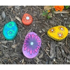 Hand‎ painted rocks set of 4, acrylic bright colorful flowers garden handmade